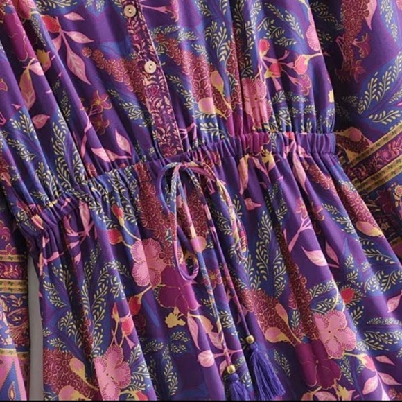 Purple Boho Floral Gypsy Print Dress Long Sleeve - Picture 9 of 16